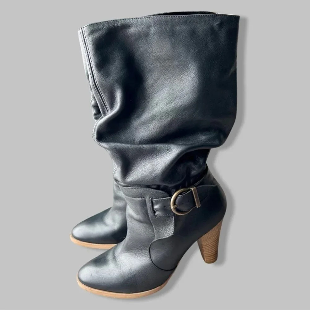 Zara Black Slouchy Leather Heeled Tall Boots Made In Spain